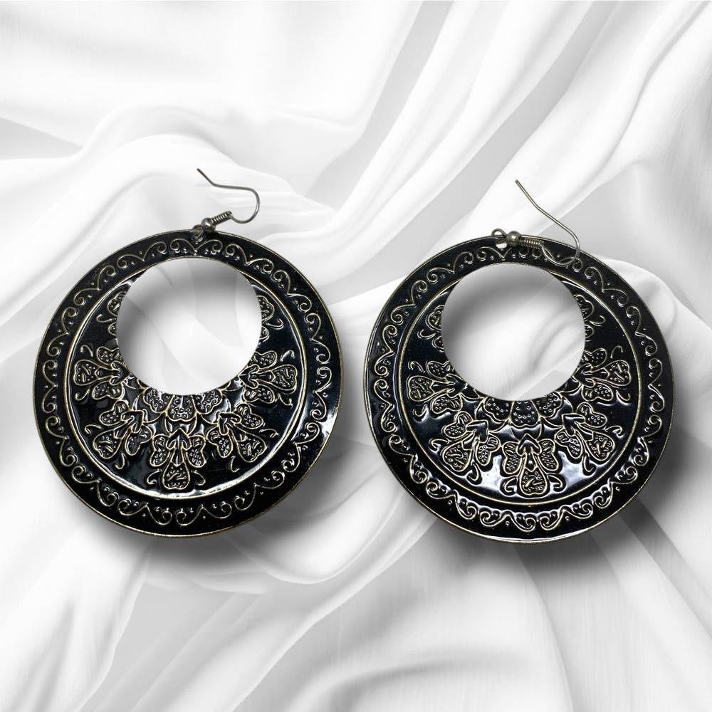 Vintage 1980's Black Silver Enamel Oversized Pierced Dangle Earrings Bohemian